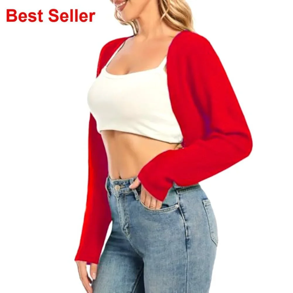 Long Sleeve Cropped Cardigan Shrug Open Front Knit Bolero for Dresses